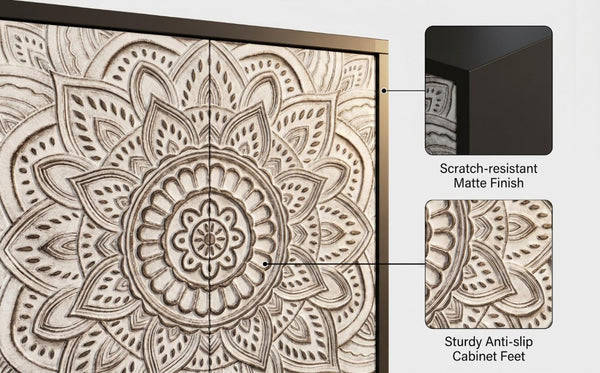 English Elm 60 Inch Boho Mandala Carved Sideboard with Push Open Doors and Turned Leg Storage Black W1435P491233