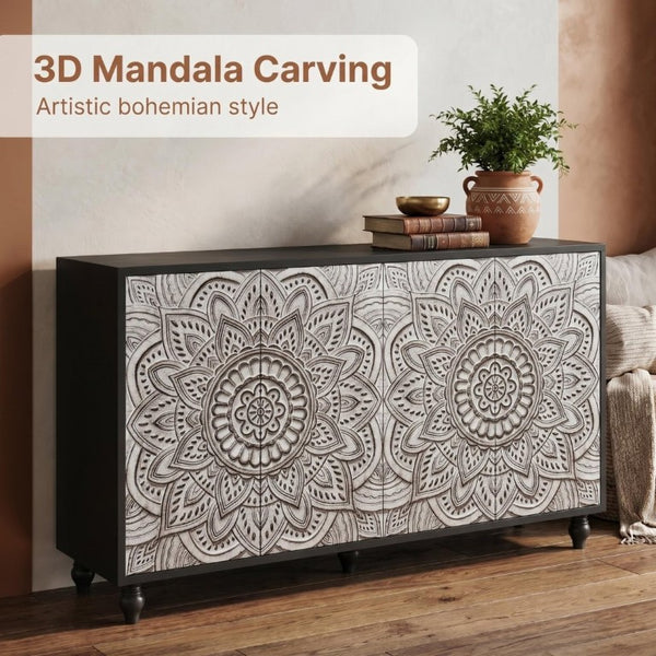 English Elm 60 Inch Boho Mandala Carved Sideboard with Push Open Doors and Turned Leg Storage Black W1435P491233
