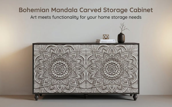 English Elm 60 Inch Boho Mandala Carved Sideboard with Push Open Doors and Turned Leg Storage Black W1435P491233