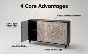 English Elm 60 Inch Boho Mandala Carved Sideboard with Push Open Doors and Turned Leg Storage Black W1435P491233