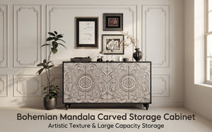 English Elm 60 Inch Boho Mandala Carved Sideboard with Push Open Doors and Turned Leg Storage Black W1435P491233