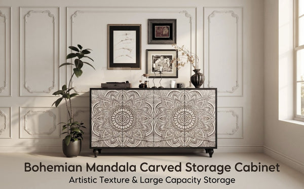 English Elm 60 Inch Boho Mandala Carved Sideboard with Push Open Doors and Turned Leg Storage Black W1435P491233