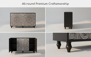 English Elm 60 Inch Boho Mandala Carved Sideboard with Push Open Doors and Turned Leg Storage Black W1435P491233