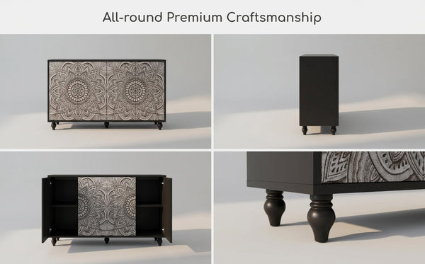English Elm 60 Inch Boho Mandala Carved Sideboard with Push Open Doors and Turned Leg Storage Black W1435P491233