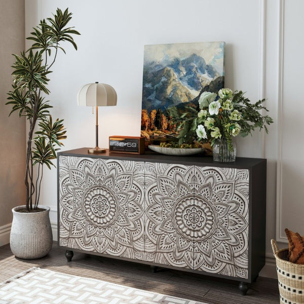 English Elm 60 Inch Boho Mandala Carved Sideboard with Push Open Doors and Turned Leg Storage Black W1435P491233