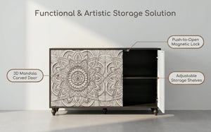 English Elm 60 Inch Boho Mandala Carved Sideboard with Push Open Doors and Turned Leg Storage Black W1435P491233