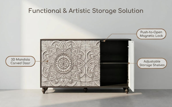 English Elm 60 Inch Boho Mandala Carved Sideboard with Push Open Doors and Turned Leg Storage Black W1435P491233