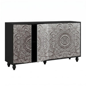English Elm 60 Inch Boho Mandala Carved Sideboard with Push Open Doors and Turned Leg Storage Black W1435P491233
