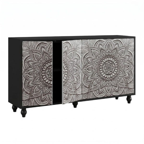English Elm 60 Inch Boho Mandala Carved Sideboard with Push Open Doors and Turned Leg Storage Black W1435P491233