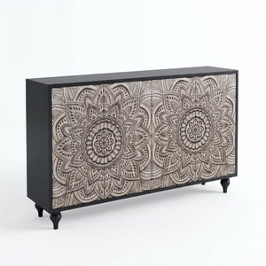 English Elm 60 Inch Boho Mandala Carved Sideboard with Push Open Doors and Turned Leg Storage Black W1435P491233