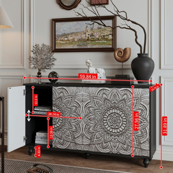English Elm 60 Inch Boho Mandala Carved Sideboard with Push Open Doors and Turned Leg Storage Black W1435P491233