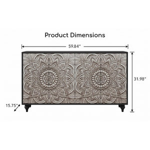 English Elm 60 Inch Boho Mandala Carved Sideboard with Push Open Doors and Turned Leg Storage Black W1435P491233