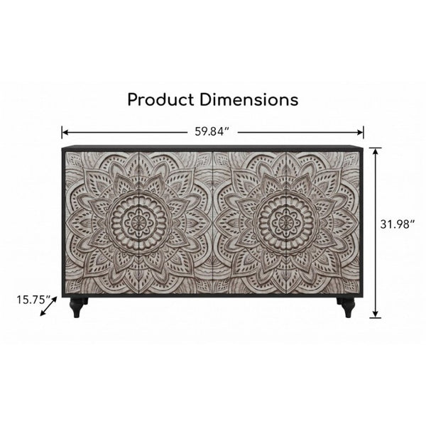 English Elm 60 Inch Boho Mandala Carved Sideboard with Push Open Doors and Turned Leg Storage Black W1435P491233