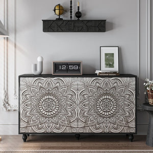 English Elm 60 Inch Boho Mandala Carved Sideboard with Push Open Doors and Turned Leg Storage Black W1435P491233