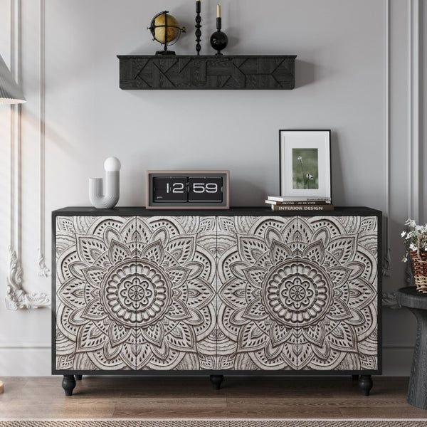 English Elm 60 Inch Boho Mandala Carved Sideboard with Push Open Doors and Turned Leg Storage Black W1435P491233