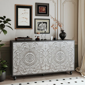English Elm 60 Inch Boho Mandala Carved Sideboard with Push Open Doors and Turned Leg Storage Black W1435P491233
