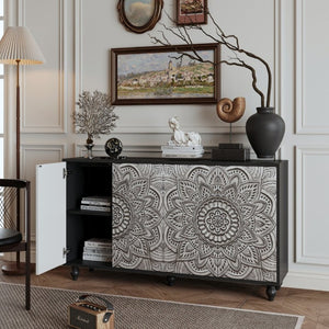 English Elm 60 Inch Boho Mandala Carved Sideboard with Push Open Doors and Turned Leg Storage Black W1435P491233