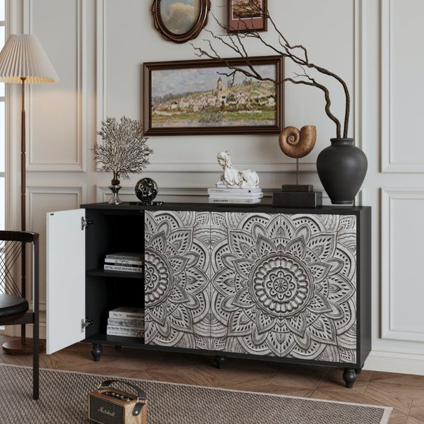 English Elm 60 Inch Boho Mandala Carved Sideboard with Push Open Doors and Turned Leg Storage Black W1435P491233