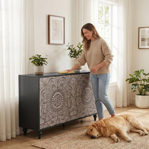 English Elm 60 Inch Boho Mandala Carved Sideboard with Push Open Doors and Turned Leg Storage Black W1435P491233