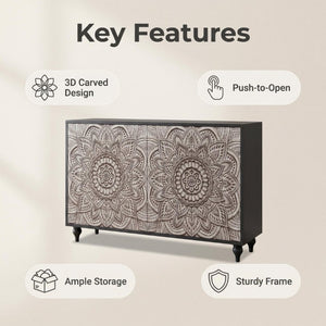 English Elm 60 Inch Boho Mandala Carved Sideboard with Push Open Doors and Turned Leg Storage Black W1435P491233