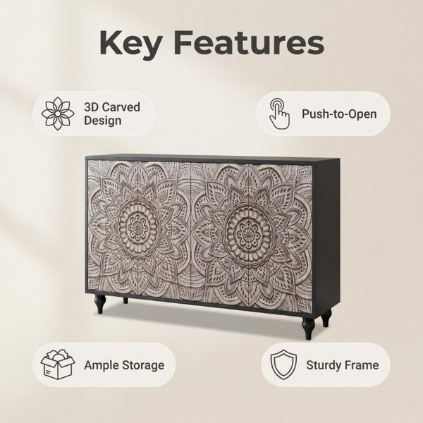 English Elm 60 Inch Boho Mandala Carved Sideboard with Push Open Doors and Turned Leg Storage Black W1435P491233