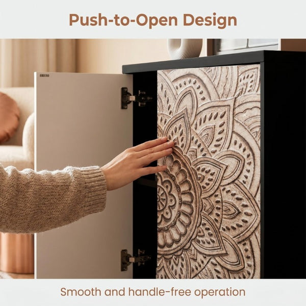English Elm 60 Inch Boho Mandala Carved Sideboard with Push Open Doors and Turned Leg Storage Black W1435P491233