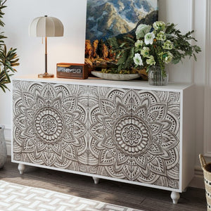 English Elm 60 Inch Boho Mandala Carved Sideboard with Push Open Doors and Turned Leg Storage White W1435P491239
