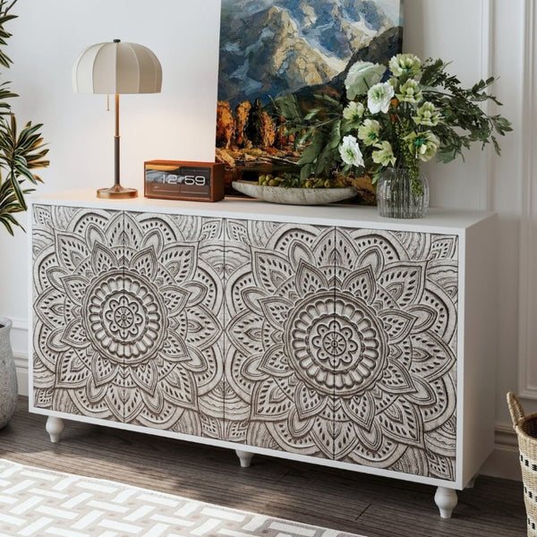 English Elm 60 Inch Boho Mandala Carved Sideboard with Push Open Doors and Turned Leg Storage White W1435P491239