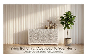 English Elm 60 Inch Boho Mandala Carved Sideboard with Push Open Doors and Turned Leg Storage White W1435P491239
