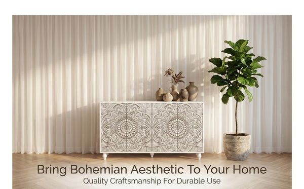 English Elm 60 Inch Boho Mandala Carved Sideboard with Push Open Doors and Turned Leg Storage White W1435P491239