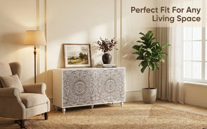 English Elm 60 Inch Boho Mandala Carved Sideboard with Push Open Doors and Turned Leg Storage White W1435P491239