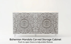 English Elm 60 Inch Boho Mandala Carved Sideboard with Push Open Doors and Turned Leg Storage White W1435P491239
