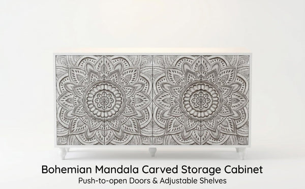 English Elm 60 Inch Boho Mandala Carved Sideboard with Push Open Doors and Turned Leg Storage White W1435P491239