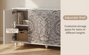 English Elm 60 Inch Boho Mandala Carved Sideboard with Push Open Doors and Turned Leg Storage White W1435P491239