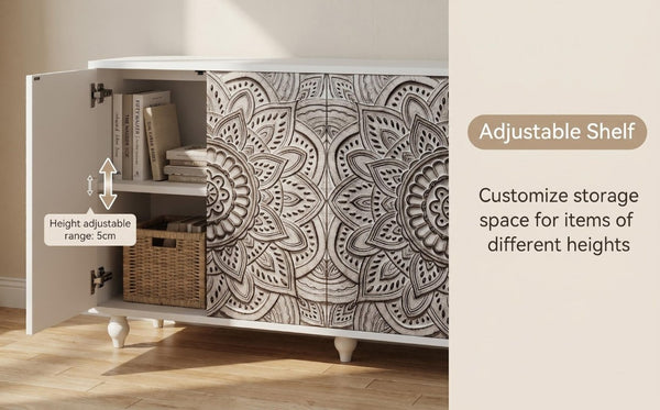 English Elm 60 Inch Boho Mandala Carved Sideboard with Push Open Doors and Turned Leg Storage White W1435P491239