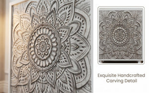 English Elm 60 Inch Boho Mandala Carved Sideboard with Push Open Doors and Turned Leg Storage White W1435P491239
