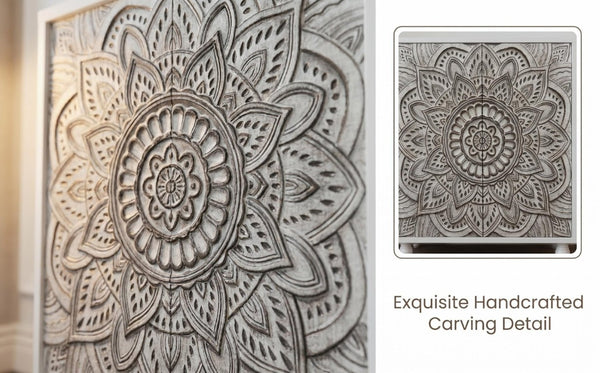 English Elm 60 Inch Boho Mandala Carved Sideboard with Push Open Doors and Turned Leg Storage White W1435P491239