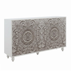 English Elm 60 Inch Boho Mandala Carved Sideboard with Push Open Doors and Turned Leg Storage White W1435P491239