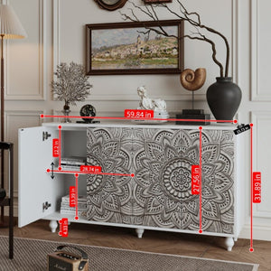 English Elm 60 Inch Boho Mandala Carved Sideboard with Push Open Doors and Turned Leg Storage White W1435P491239