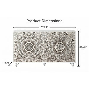 English Elm 60 Inch Boho Mandala Carved Sideboard with Push Open Doors and Turned Leg Storage White W1435P491239
