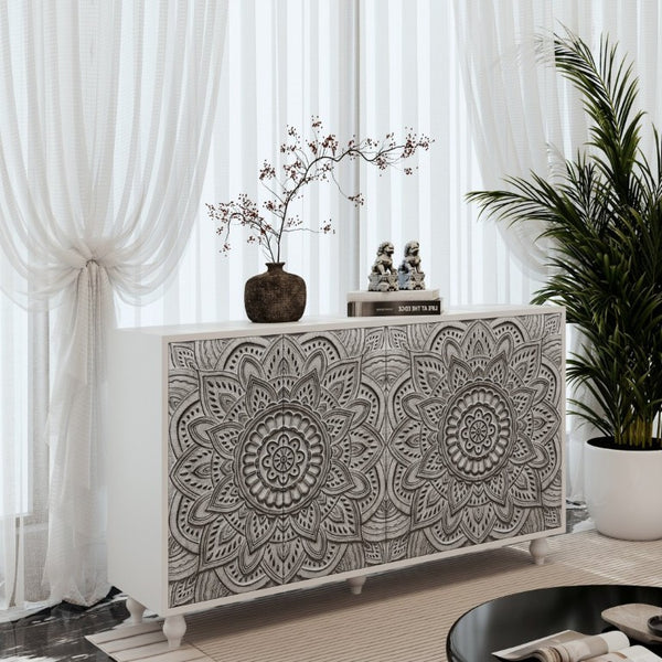 English Elm 60 Inch Boho Mandala Carved Sideboard with Push Open Doors and Turned Leg Storage White W1435P491239