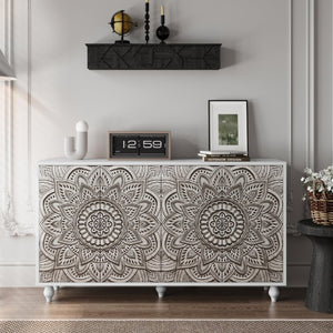 English Elm 60 Inch Boho Mandala Carved Sideboard with Push Open Doors and Turned Leg Storage White W1435P491239