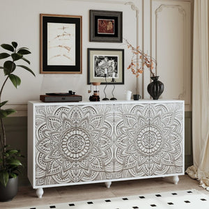 English Elm 60 Inch Boho Mandala Carved Sideboard with Push Open Doors and Turned Leg Storage White W1435P491239