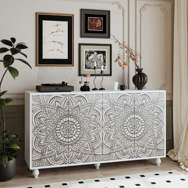 English Elm 60 Inch Boho Mandala Carved Sideboard with Push Open Doors and Turned Leg Storage White W1435P491239