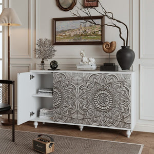 English Elm 60 Inch Boho Mandala Carved Sideboard with Push Open Doors and Turned Leg Storage White W1435P491239