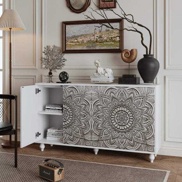 English Elm 60 Inch Boho Mandala Carved Sideboard with Push Open Doors and Turned Leg Storage White W1435P491239