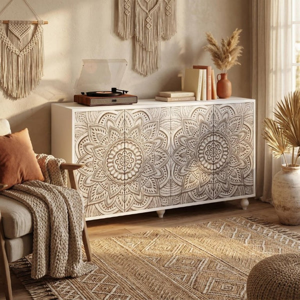 English Elm 60 Inch Boho Mandala Carved Sideboard with Push Open Doors and Turned Leg Storage White W1435P491239