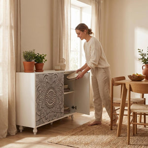 English Elm 60 Inch Boho Mandala Carved Sideboard with Push Open Doors and Turned Leg Storage White W1435P491239