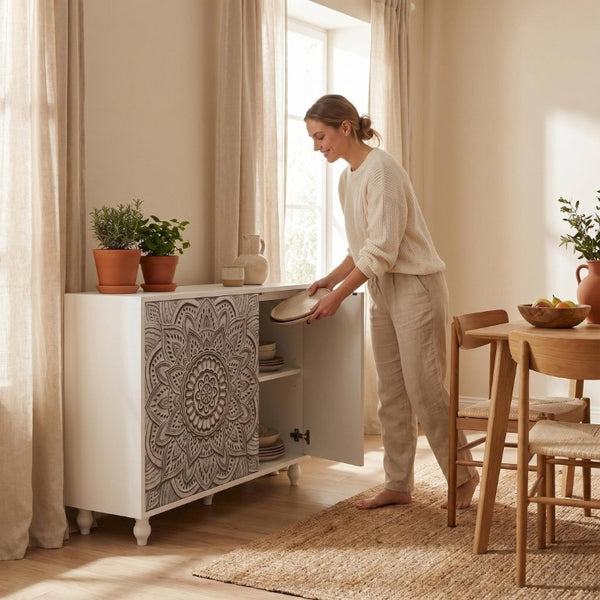 English Elm 60 Inch Boho Mandala Carved Sideboard with Push Open Doors and Turned Leg Storage White W1435P491239