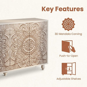 English Elm 60 Inch Boho Mandala Carved Sideboard with Push Open Doors and Turned Leg Storage White W1435P491239